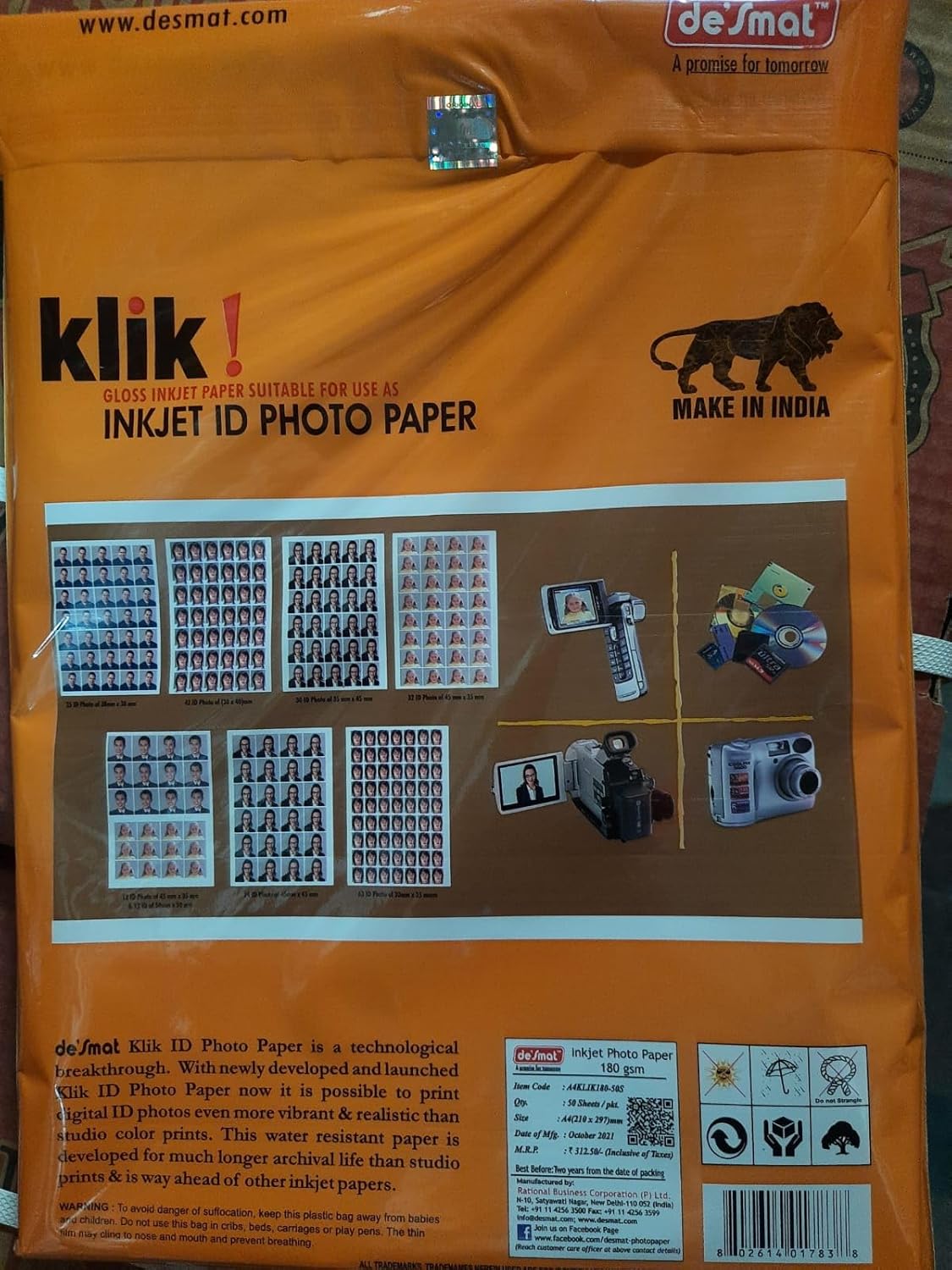 DESMAT KLIK PHOTO GLOSSY PAPER | A4 SIZE | 180 GSM | 50 SHEETS