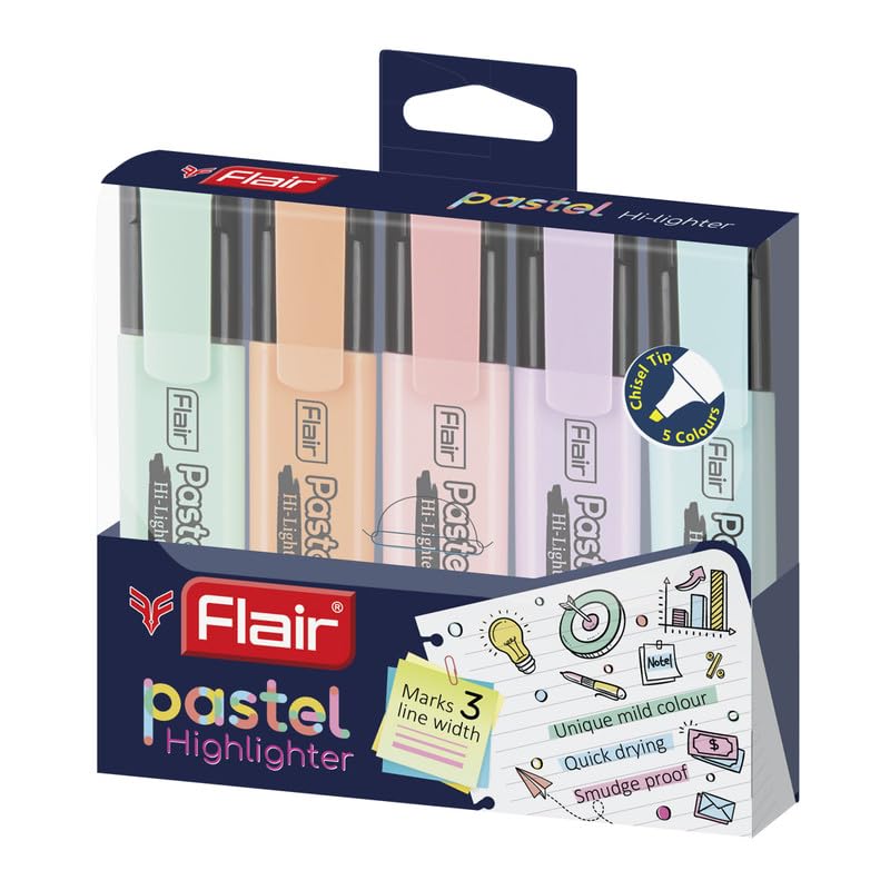 Flair Pastel 5 Shades Highlighter Pouch Pack – Quick Drying, Smudge Proof & Non-Toxic | Pack of 1