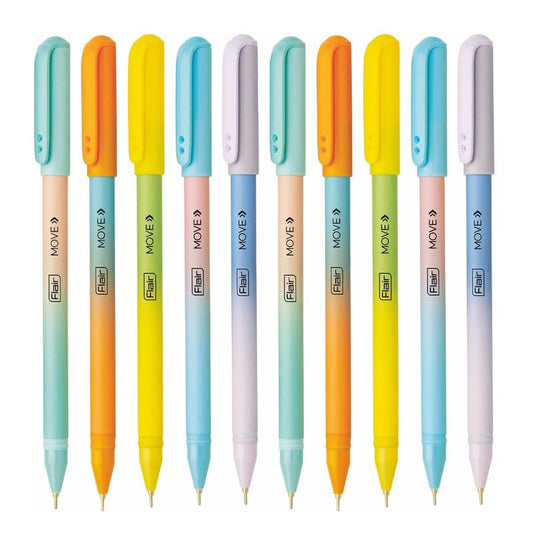 Flair Move Fine Tip Ball Pen – Blue Ink | Pack of 10 | Smooth Writing with Matt Finish Pastel Body