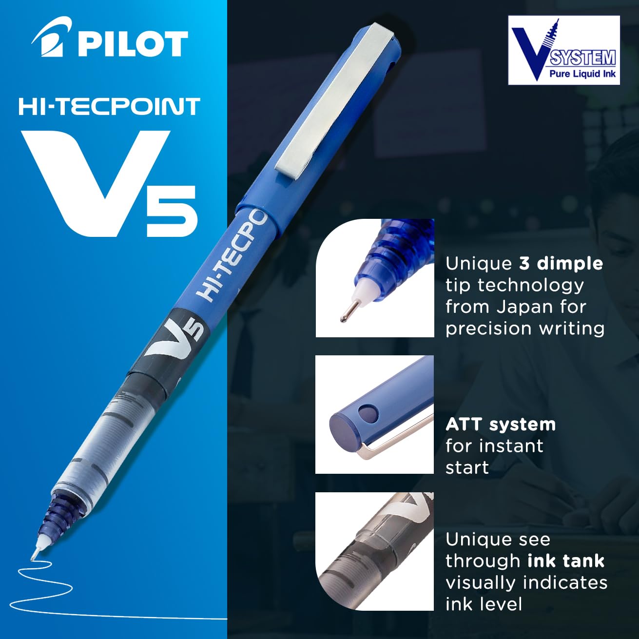 Pilot V5 Liquid Ink Roller Ball Pen - Blue (Pack of 2)