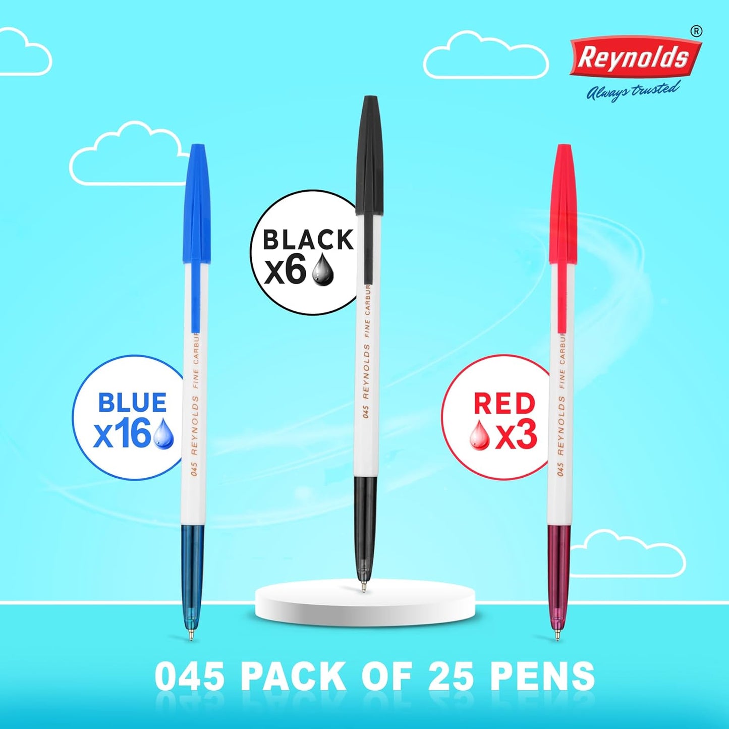 Reynolds 045 Carbure 25 Ct Jar – 16 Blue, 6 Black & 3 Red Ball Point Pens | 0.7mm Tip