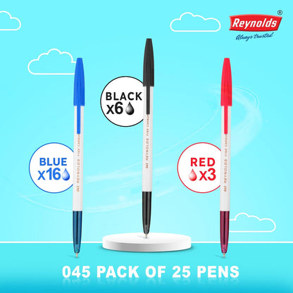 Reynolds 045 Carbure 25 Ct Jar – 16 Blue, 6 Black & 3 Red Ball Point Pens | 0.7mm Tip